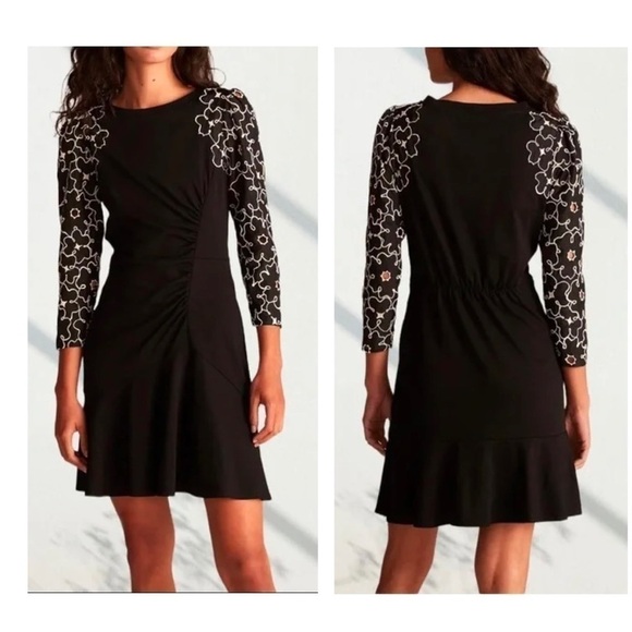 Rebecca Taylor Tai Silk Floral Embroidered Mini Dress With Lace Long Sleeve - Picture 2 of 10